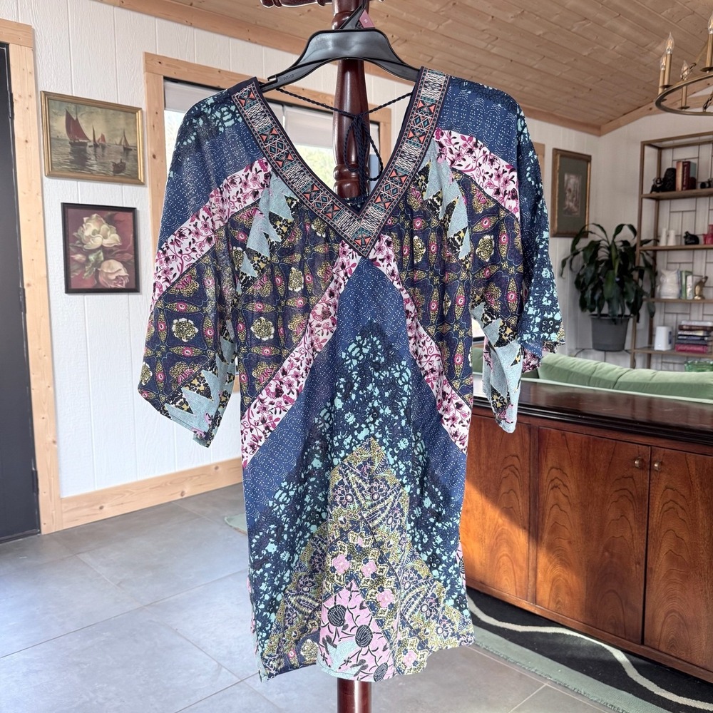 Flying Tomato Boho V-Neck Mini Dress Sz S Blue Geometric & Floral Print Tassels